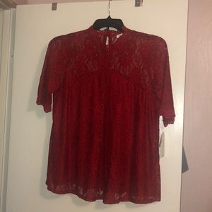 Red Lace high neck flowy short sleeve top